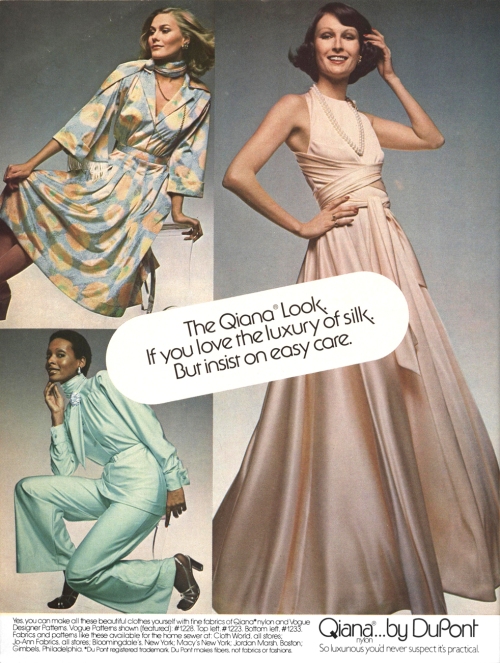 Advertisement for Qiana featuring Vogue 1228 by Jerry Silverman.